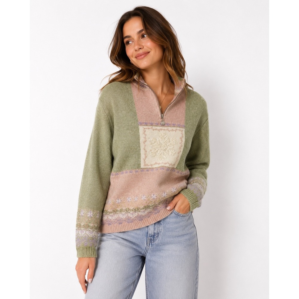 Monterey Petites Sweater Women M Green Pink Beaded Snowflake Quarter Zip Knit